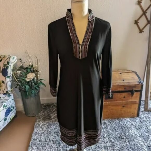 Black Market Black Multi Embroidered Trim V Neck Sheath Dress